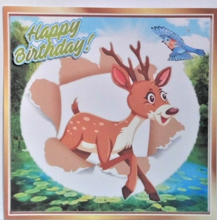 Pretty deer with little bird in the meadow 8x8 by Hazel Underwood