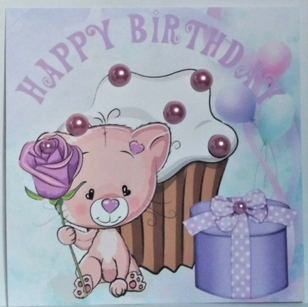Cute kitty with purple rose and present & balloons 8x8 by Hazel Underwood