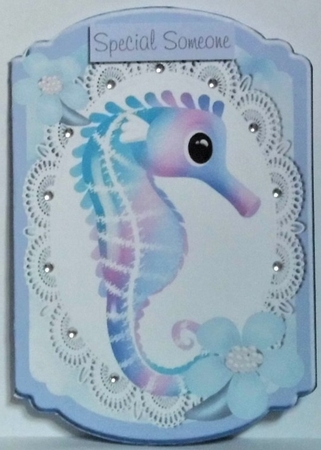 Beautiful pink/blue seahorse on lace blue bracket card by Hazel Underwood