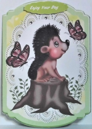 Cute Hedgehog on a log with butterflies green lace bracket by Hazel Underwood