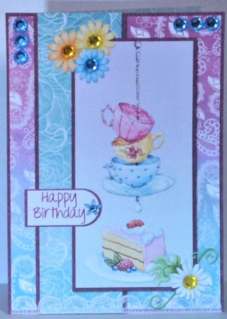 A5 Card Front Teacups/Cake with Topper and Sentiment Tags, Violet/Turquoise.Pink by Hazel Underwood