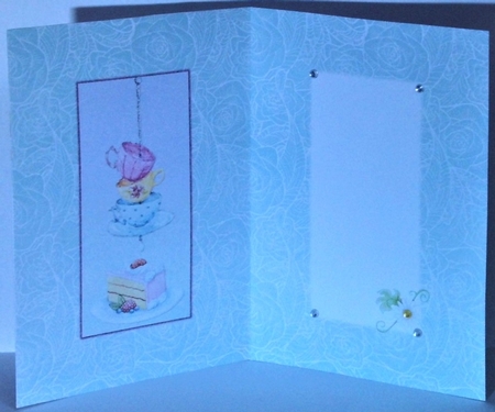 A5 Card Insert Teacups/Cake on Aqua Background, Blank by Hazel Underwood