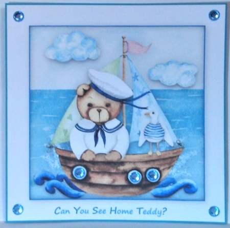 Teddy Bear And Seagull Lost At Sea - 8 x 8 Card Topper With Decoupage by Hazel Underwood