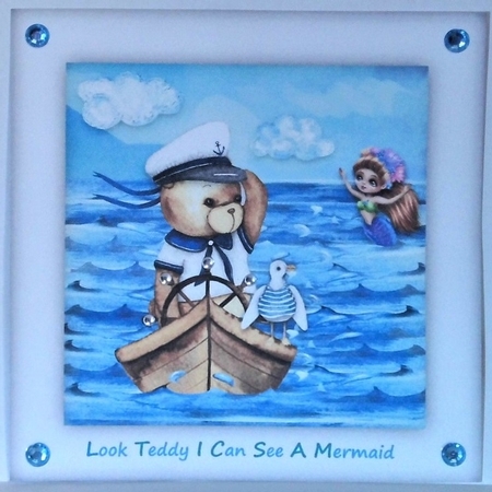 Look Teddy I Can See A Mermaid - 8 x 8 Card Topper With Decoupage by Hazel Underwood