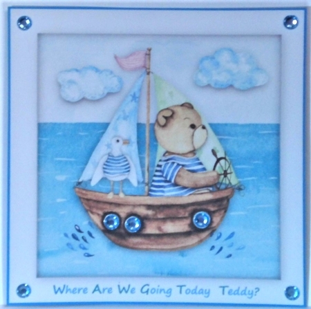 Where Are We Going Today Teddy? - 8 x 8 Card Topper With Decoupage by Hazel Underwood
