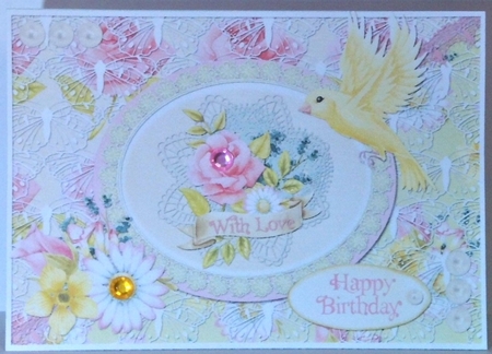 A5 Card Front Floral/Bird/Lace with Toppers and Sentiments, Pink/Green by Hazel Underwood
