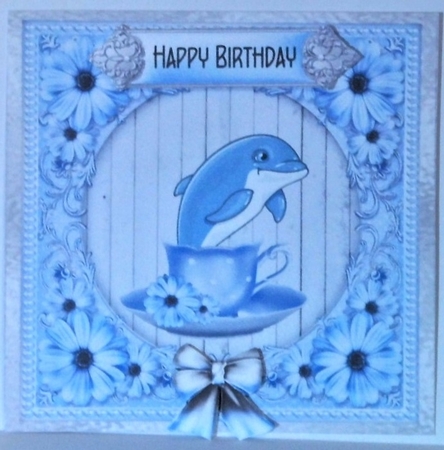 Dolphin in a Teacup - 6x6 inch card front with decoupage by Hazel Underwood