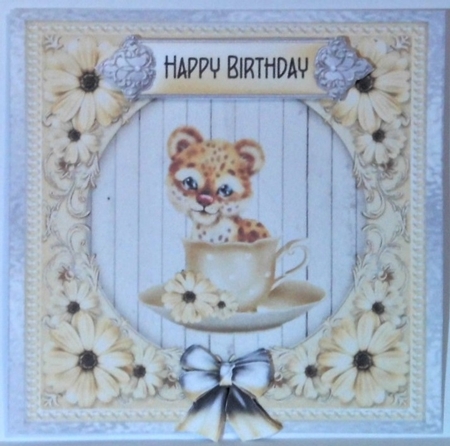 Cute Cub in a Teacup - 6x6 inch card front with decoupage by Hazel Underwood