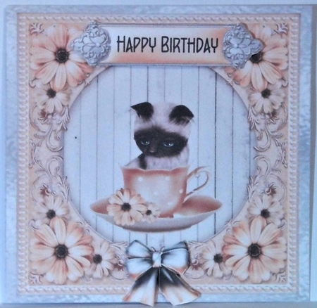 Fluffy Kitten in a Teacup - 6x6 inch card front with decoupage by Hazel Underwood