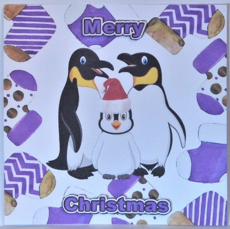 Cute penguin family in red/purple  santa hat in christmas sock frames 7x7 by Hazel Underwood