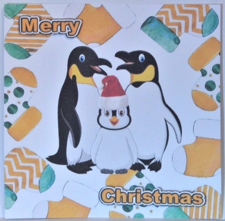 Cute penguin family in red/gold  santa hat in christmas sock frames 7x7 by Hazel Underwood