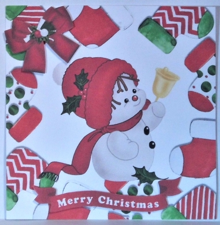 Cute little snowman with bell in christmas sock frames 7x7 by Hazel Underwood
