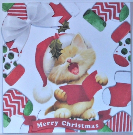 cute carol singing kitty in a christmas sock frame 7x7 by Hazel Underwood