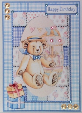 A5 Card Front Teddy Bear with Topper and Sentiments, Blue Check/Patchwork by Hazel Underwood
