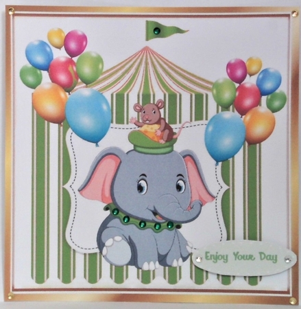 Circus elephant with little mouse in green tent 8x8 by Hazel Underwood