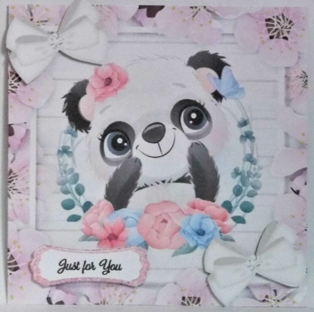 Cute Panda, in pink flower frame with white bows 7x7 by Hazel Underwood