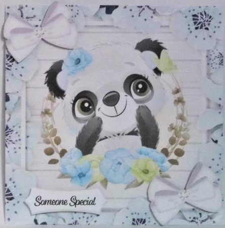 Cute Panda, in blue flower frame with white bows 7x7 by Hazel Underwood