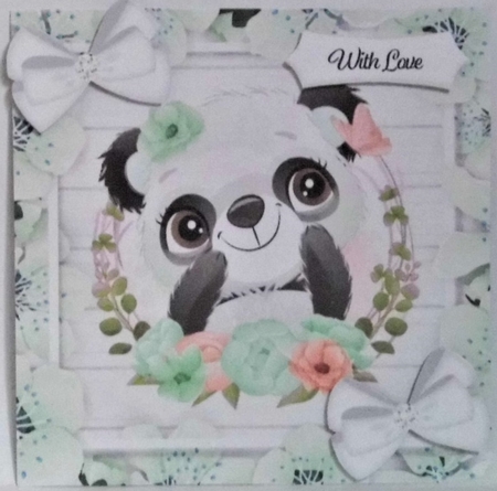 Cute Panda, in green flower frame with white bows 7x7 by Hazel Underwood