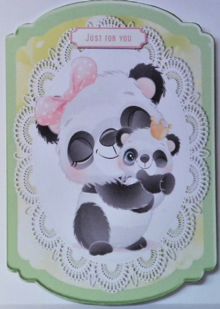 cute panda with baby on a bracket card with lace by Hazel Underwood
