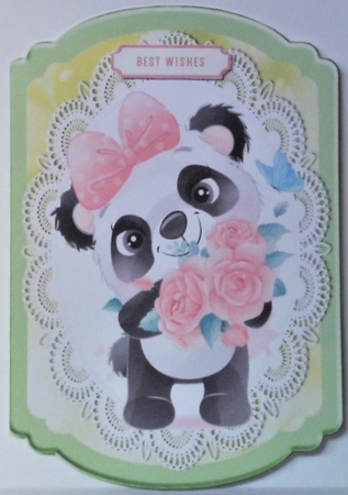 cute panda with roses on a bracket card with lace by Hazel Underwood