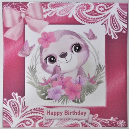 lovely sloth in a pink frame of flowers and ornate lace 8x8 by Hazel Underwood