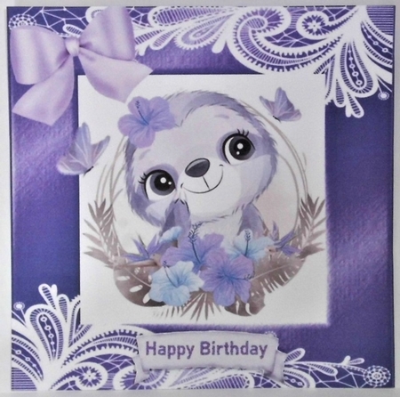 lovely sloth in a purple frame of flowers and ornate lace 8x8 by Hazel Underwood