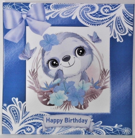 lovely sloth in a blue frame of flowers and ornate lace 8x8 by Hazel Underwood
