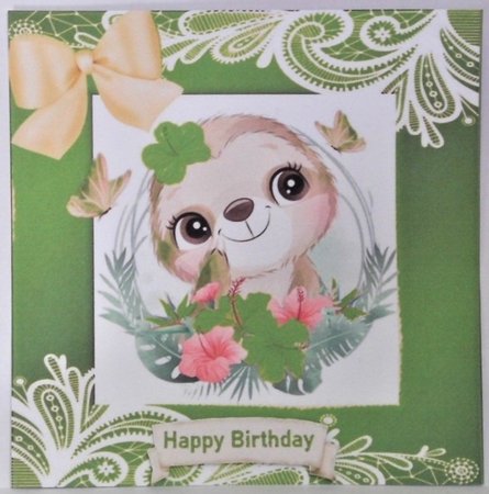 lovely sloth in a green frame of flowers and ornate lace 8x8 by Hazel Underwood
