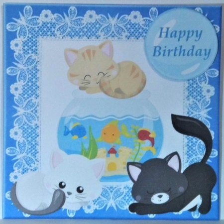 Cat and fish Birthday card front by Hazel Underwood