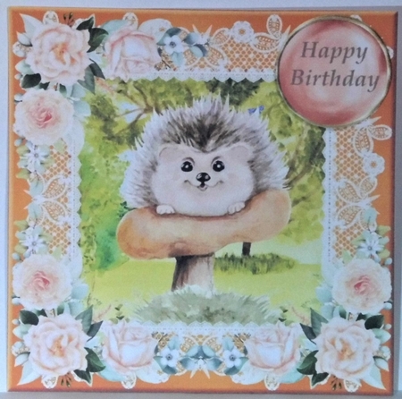 Peach floral hedgehog card front by Hazel Underwood