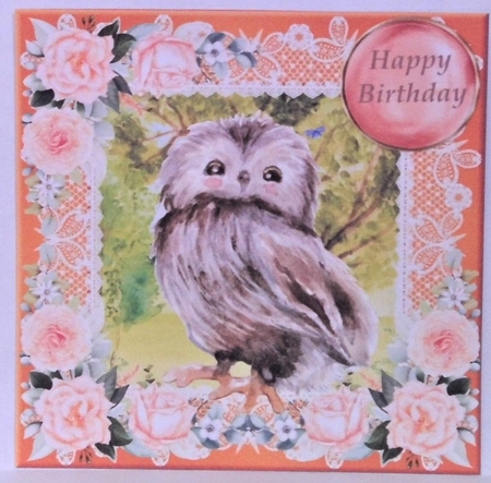 Peach floral owl card front by Hazel Underwood