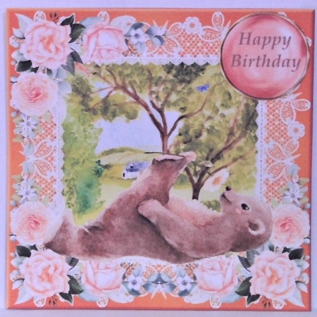 Peach floral bear card front by Hazel Underwood