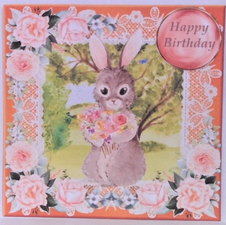 Peach floral rabbit card front by Hazel Underwood