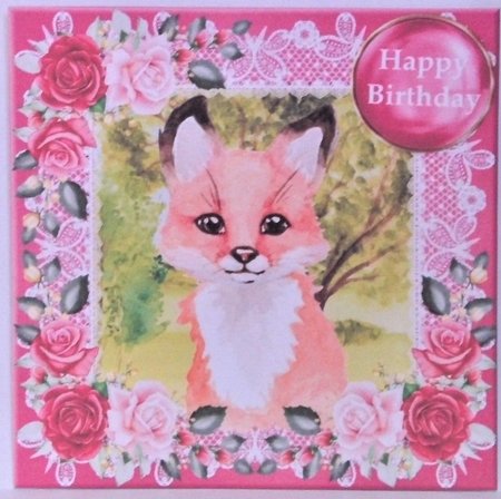 Pink cute fox card front by Hazel Underwood