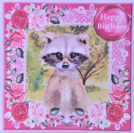 Pink cute raccoon card front by Hazel Underwood