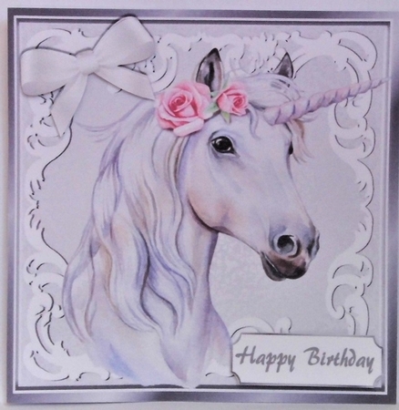 Beautiful White Unicorn in silver/white ornate frame 8x8 by Hazel Underwood