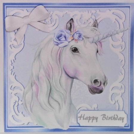 Beautiful White Unicorn in blue/white ornate frame 8x8 by Hazel Underwood