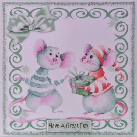 Cute christmas mice in green swirl 8x8 frame by Hazel Underwood