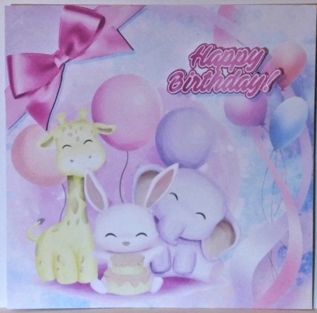 Cute Birthday Friends with balloons and pink bow 8x8 by Hazel Underwood