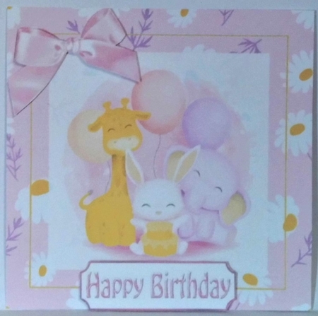 Pretty pink/daisy card/front/ with animal friends & bow 7x7 by Hazel Underwood