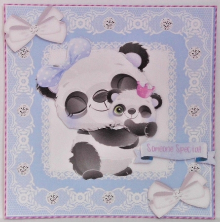 Cute  panda with baby in blue lace 8x8 frame by Hazel Underwood