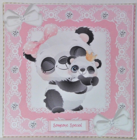  4 Cute  pandas with babies card fronts in  lace 8x8 frame mini kit by Hazel Underwood