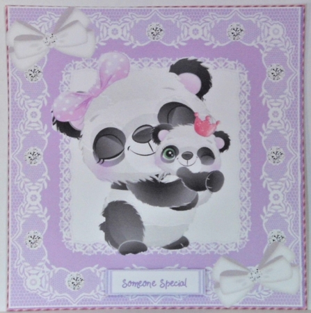  4 Cute  pandas with babies card fronts in  lace 8x8 frame mini kit by Hazel Underwood