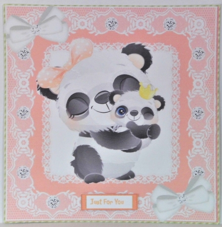  4 Cute  pandas with babies card fronts in  lace 8x8 frame mini kit by Hazel Underwood