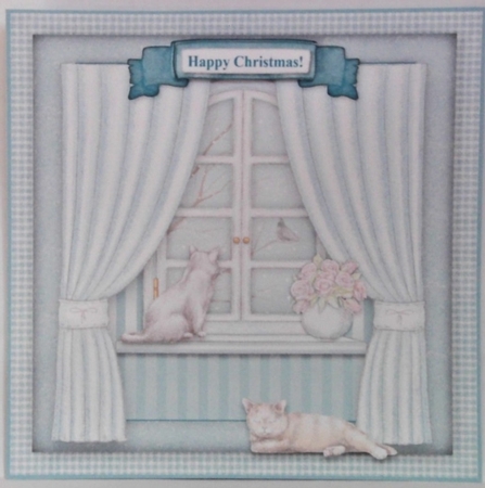 Christmas Cats In The Window - Square Card Topper With Decoupage by Hazel Underwood