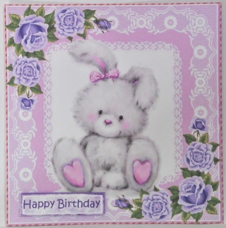 Cute grey bunny with purple roses and lace 8x8 by Hazel Underwood