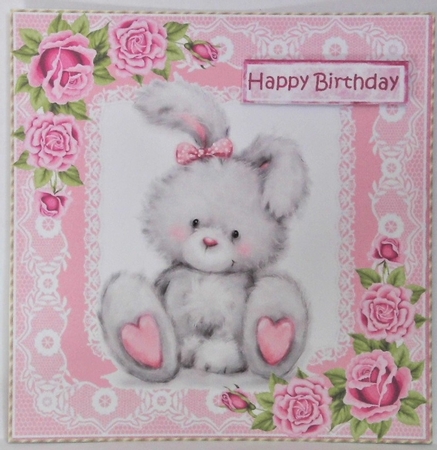  4 grey bunnies with roses and lace card fronts 8x8 mini kit by Hazel Underwood