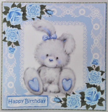  4 grey bunnies with roses and lace card fronts 8x8 mini kit by Hazel Underwood