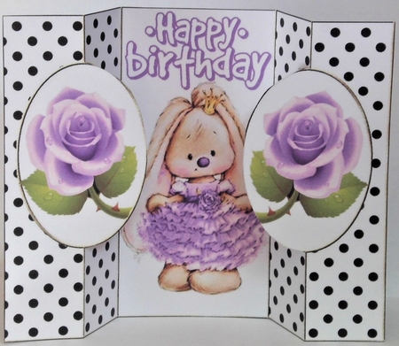 Cut and fold black/white polka dot with bunny and purple roses by Hazel Underwood