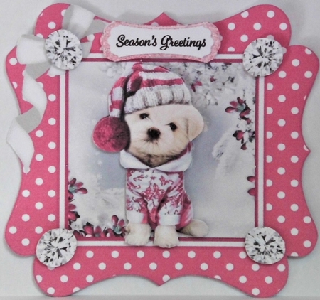 Cute pooch in pink polkadot 7x7 frame with bow by Hazel Underwood